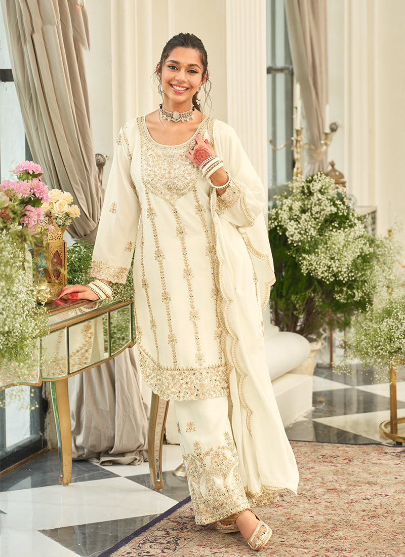 Off White Embroidery Pant Style Suit