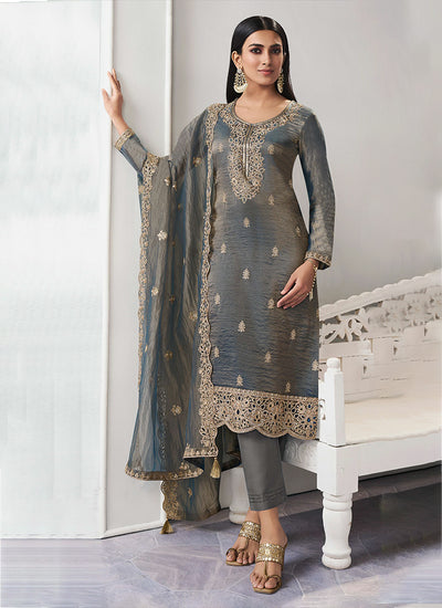 Slate Grey Embroidered Straight Cut Pant Suit