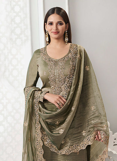 Olive Green Embroidered Straight Cut Pant Suit
