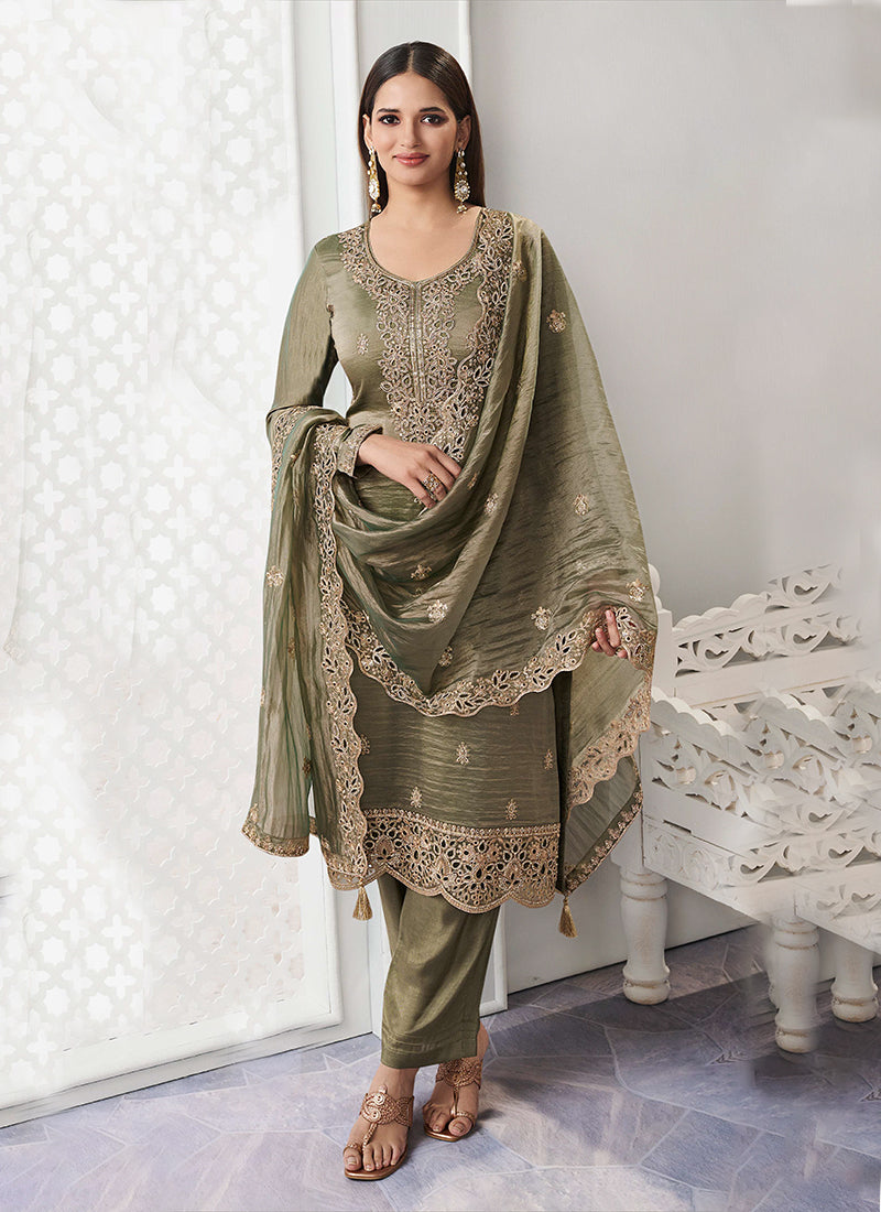 Olive Green Embroidered Straight Cut Pant Suit