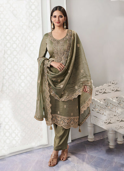 Olive Green Embroidered Straight Cut Pant Suit