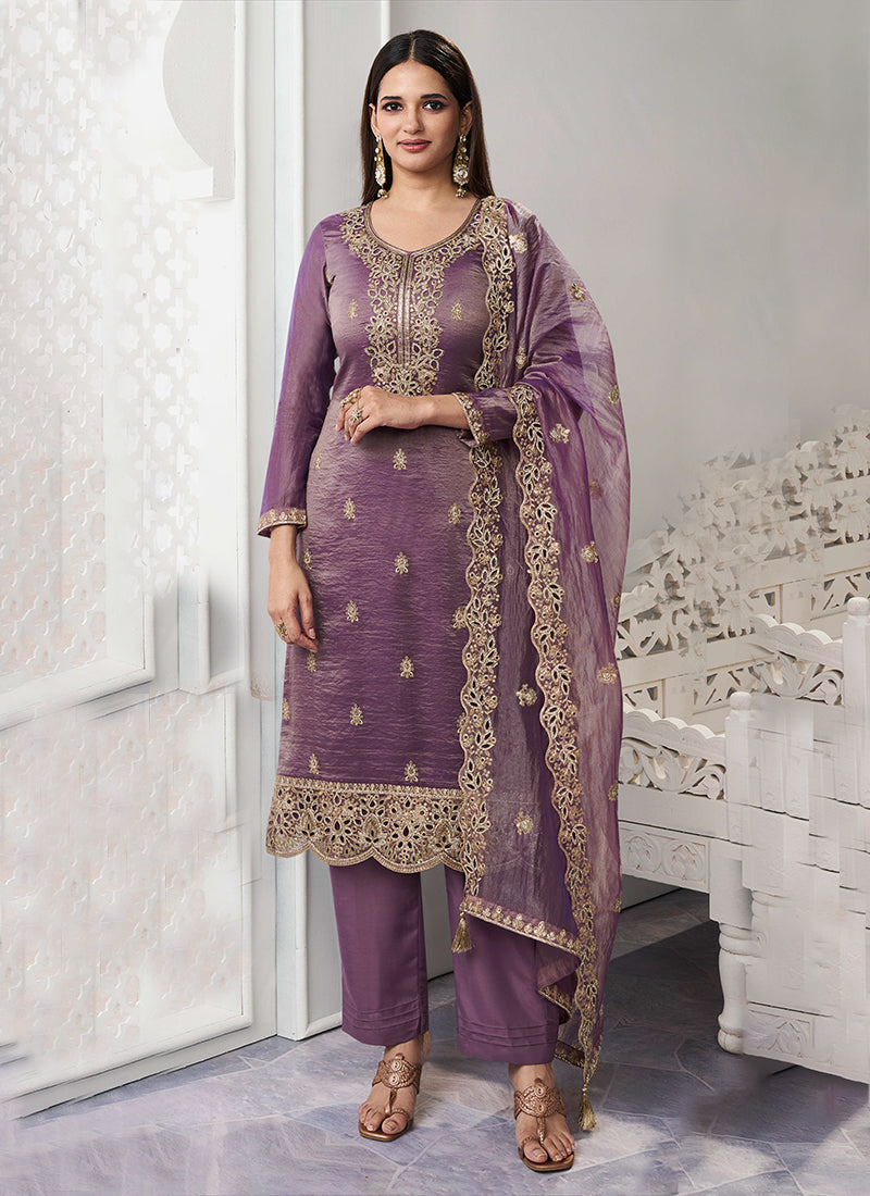 Purple Embroidered Straight Cut Pant Suit