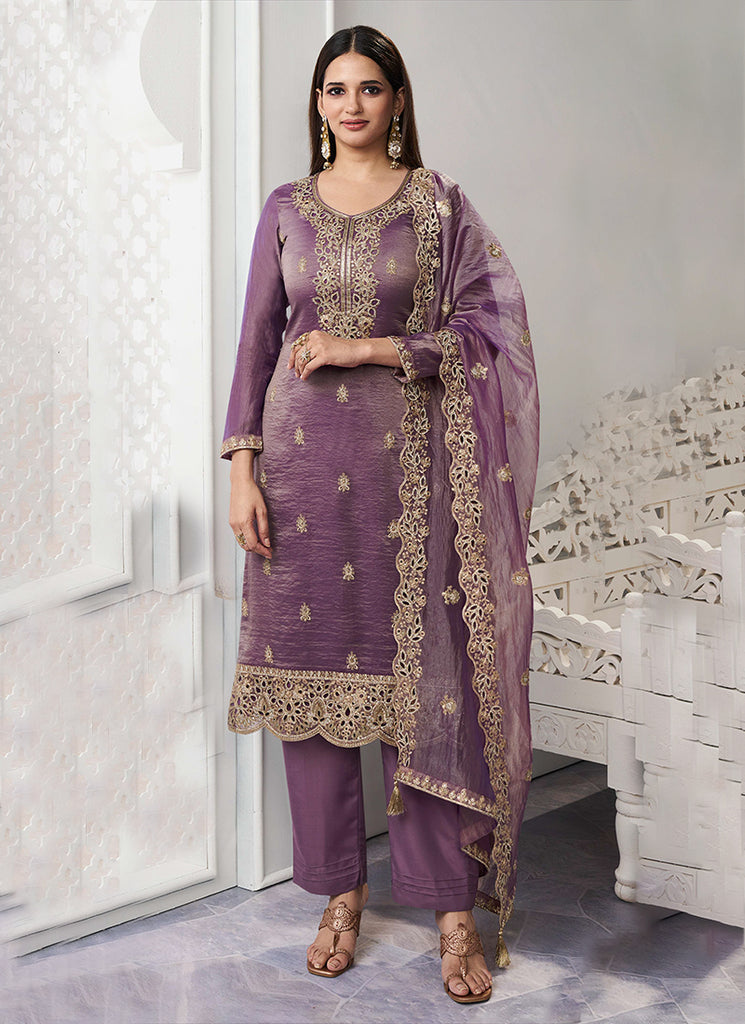 Purple Embroidered Straight Cut Pant Suit