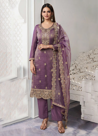 Purple Embroidered Straight Cut Pant Suit