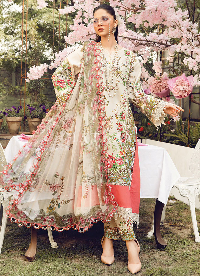 Cream Peach Embroidered Pakistani Pant Suit