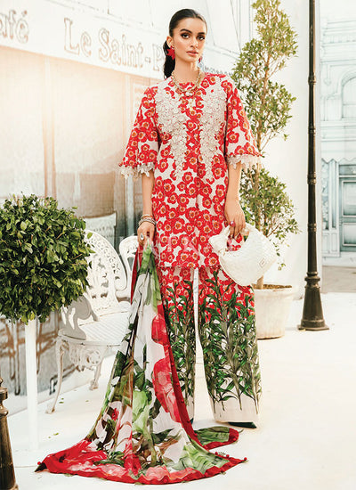 White And Red Embroidered Pakistani Pant Suit