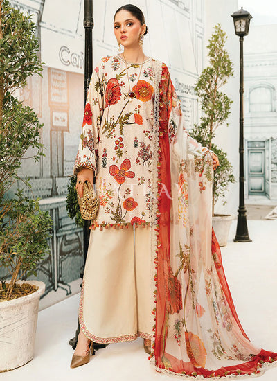 Cream Red Embroidered Pakistani Pant Suit