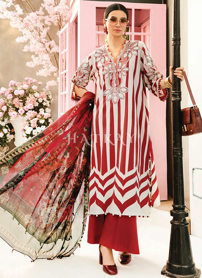 Red Striped Embroidered Pakistani Pant Suit