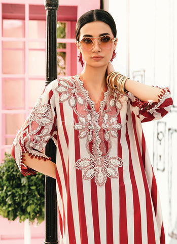 Red Striped Embroidered Pakistani Pant Suit