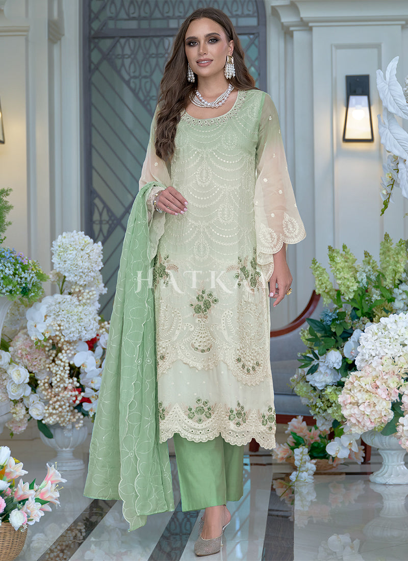 Buy Traditional Off White And Green Pant Style Suit In USA