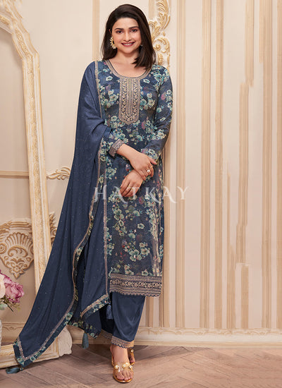 Blue Floral Printed Pakistani Pant Suit