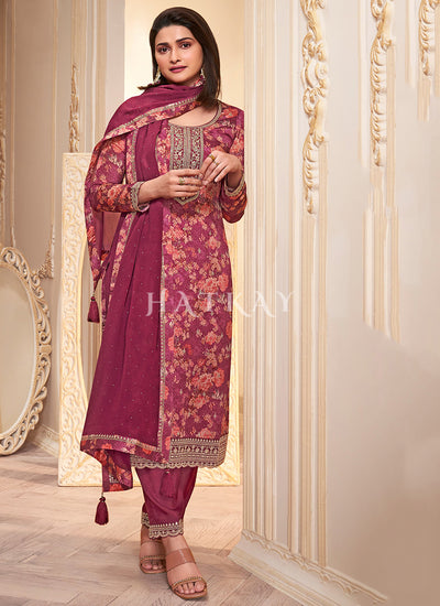 Magenta Pink Floral Printed Pakistani Pant Suit