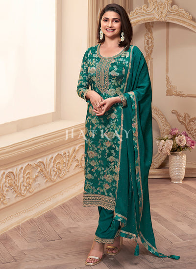Dark Green Floral Printed Pakistani Pant Suit
