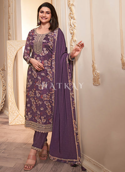 Purple Floral Printed Pakistani Pant Suit