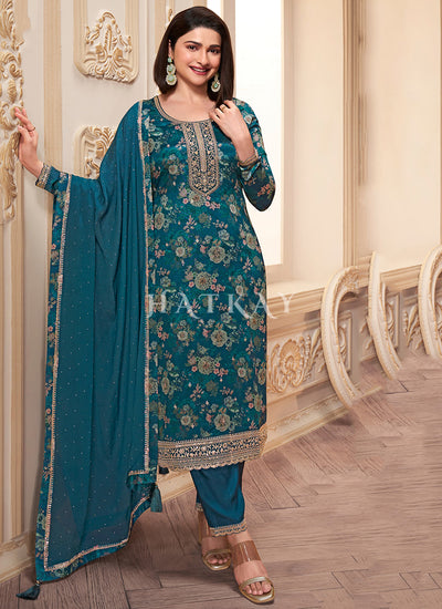 Turquoise Floral Printed Pakistani Pant Suit