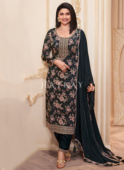 Black Floral Printed Pakistani Pant Suit