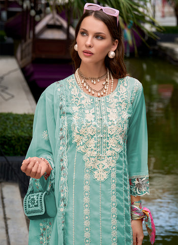 Teal Blue Embroidery Pant Style Pakistani Suit