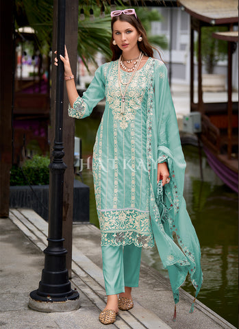 Teal Blue Embroidery Pant Style Pakistani Suit