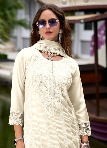 Off White Embroidery Pant Style Pakistani Suit
