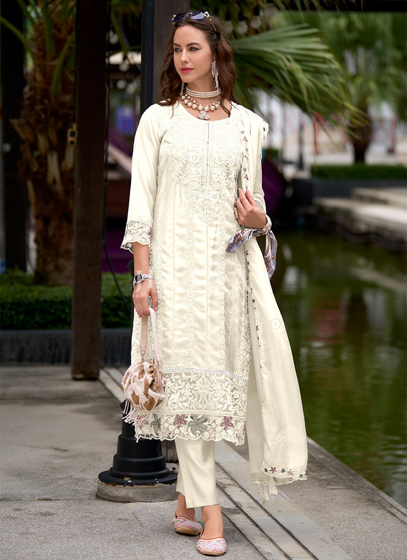 Off White Embroidery Pant Style Pakistani Suit