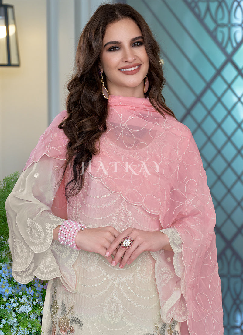 Buy Traditional Off White And Pink Pant Style Suit For Engagement In USA
