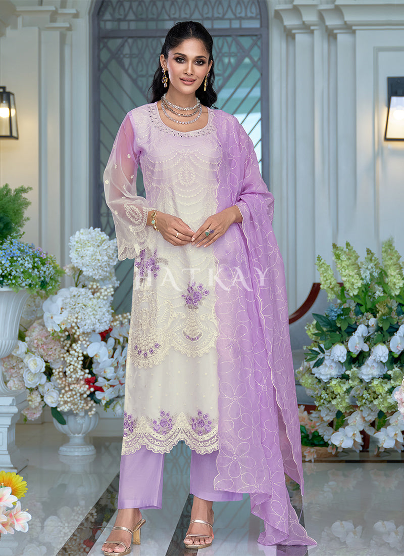 Off White And Purple Pant Style Suit