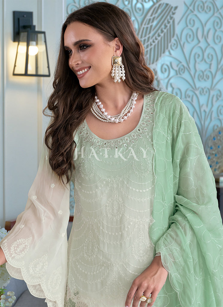 Buy Off White And Green Chikankari Embroidery Pant Style Suit Online | Hatkay Buy Off White And Green Chikankari Embroidery Pant Style Suit Online | Hatkay