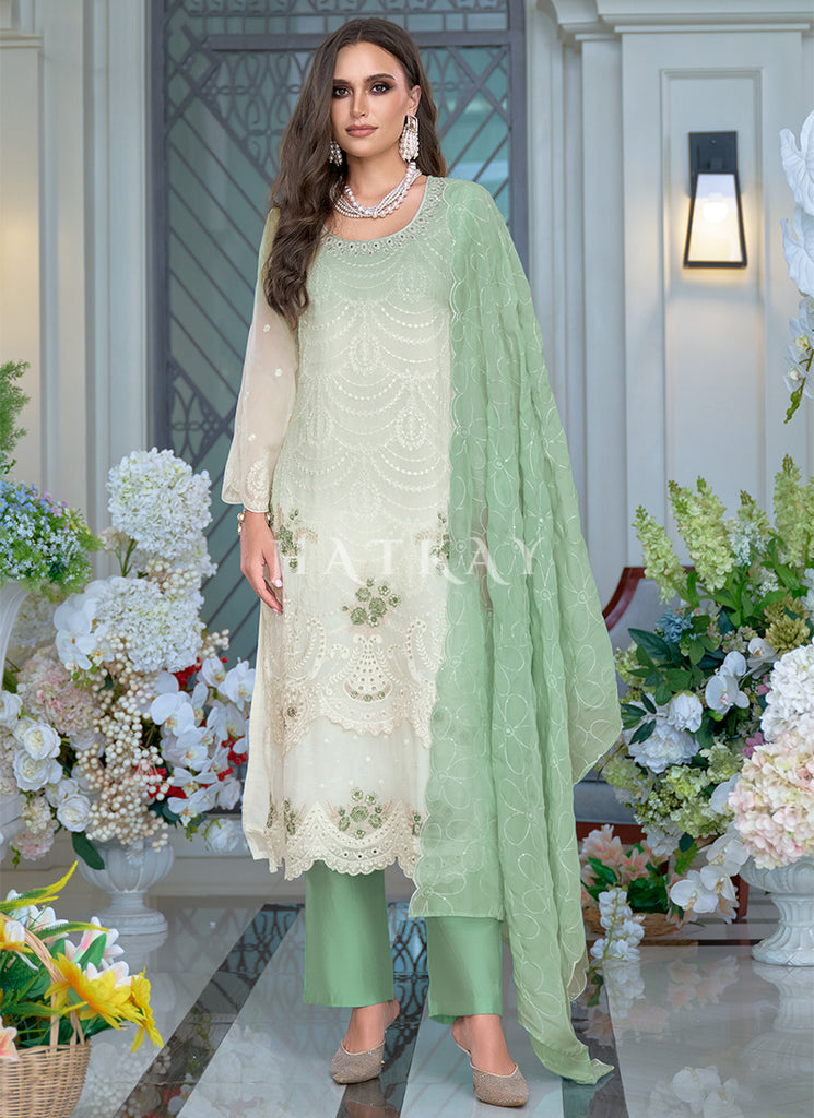 Buy Off White And Green Chikankari Embroidery Pant Style Suit Online | Hatkay Buy Off White And Green Chikankari Embroidery Pant Style Suit Online | Hatkay