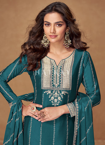 Turquoise Reshamkari Embroidery partywear Palazzo Suit