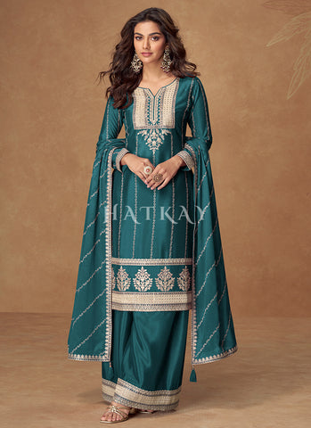 Turquoise Reshamkari Embroidery partywear Palazzo Suit