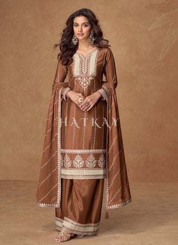 Brown Reshamkari Embroidery partywear Palazzo Suit