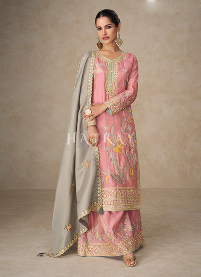 Pink Floral Embroidery Palazzo Suit With Grey Dupatta