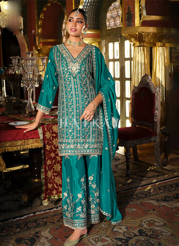 Turquoise Festive Embroidery Palazzo Suit