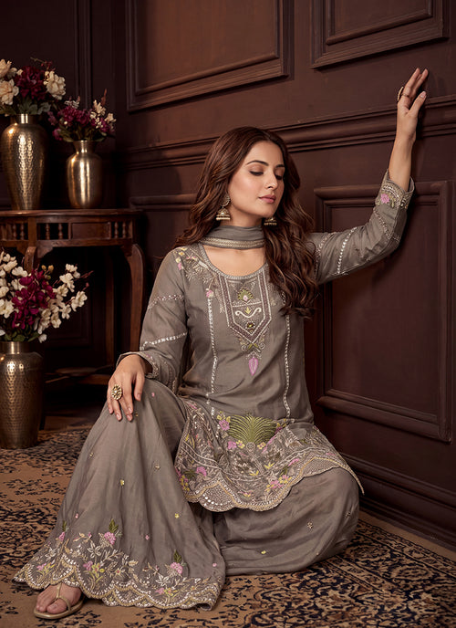 Shop Grey Multi Traditional Palazzo Suit In USA