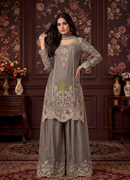 Grey Multi Embroidered Traditional Palazzo Suit
