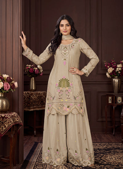 Beige Multi Embroidered Traditional Palazzo Suit