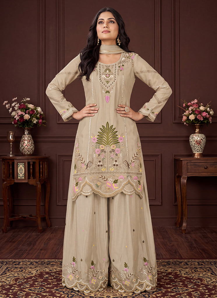Buy Beige Multi Traditional Palazzo Suit In UAE