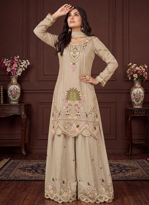 Shop Designer Beige Multi Palazzo Suit In Canada