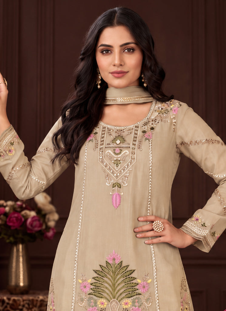 Buy Beige Embroidered Traditional Palazzo Suit Online