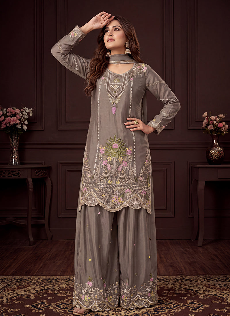 Shop Grey Multi Traditional Palazzo Suit Online
