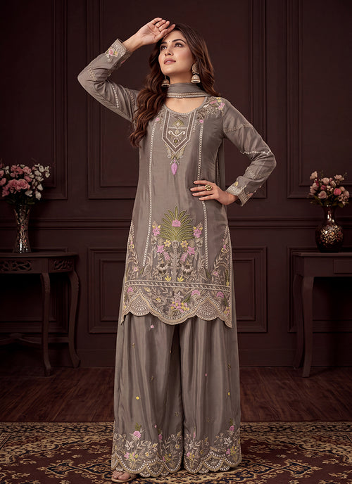 Shop Grey Multi Traditional Palazzo Suit Online
