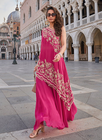 Fuchsia Pink Party Wear Embroidered Indo Western Set