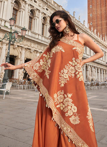 Rust Orange Party Wear Embroidered Indo Western Set