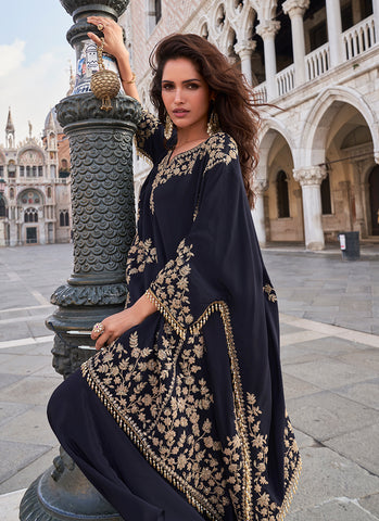 Navy Blue Party Wear Embroidered Indo Western Set