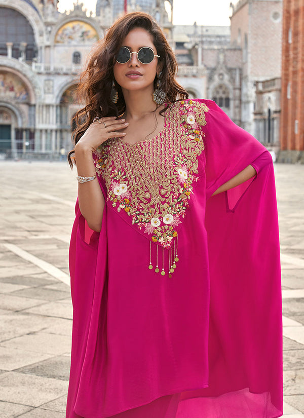 Magenta Pink Embroidery Kaftan Style Palazzo Set