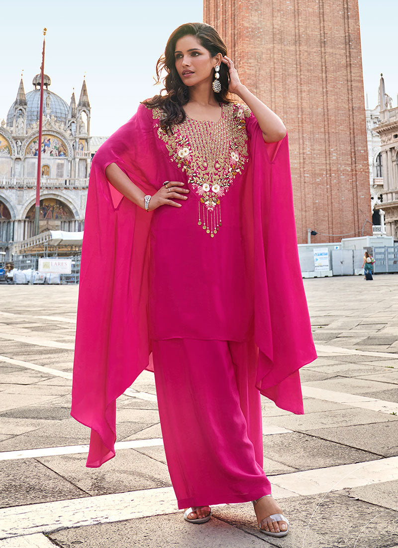 Magenta Pink Embroidery Kaftan Style Palazzo Set