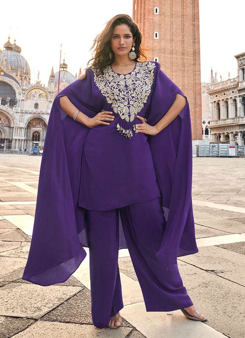 Deep Purple Embroidery Kaftan Style Palazzo Set