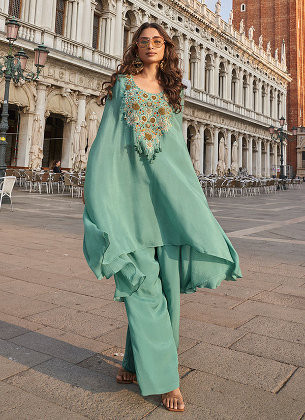 Marine Blue Embroidery Kaftan Style Palazzo Set