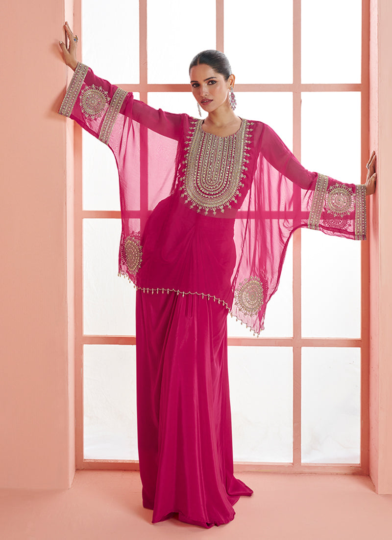 Magenta Pink Embroidery Kaftan Style Palazzo Set