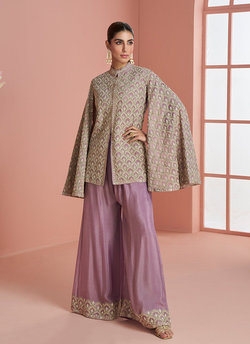 Mauve Purple Embroidery Cape Top And Palazzo Set
